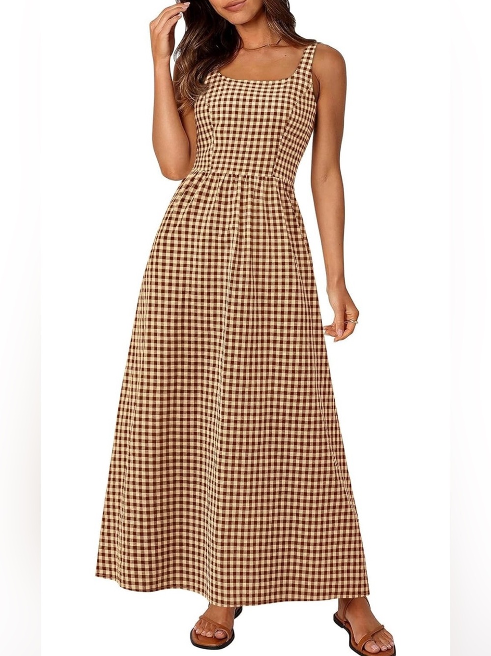 Brown & Cream Gingham A-Line Maxi Sundress from PrettyGarden